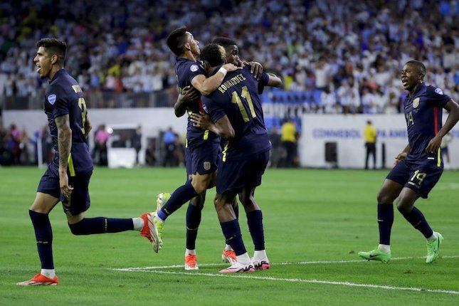 Kevin Rodriguez mencetak gol pada laga Argentina vs Ekuador di Copa America 2024, Jumat (5/7/2024) pagi WIB.