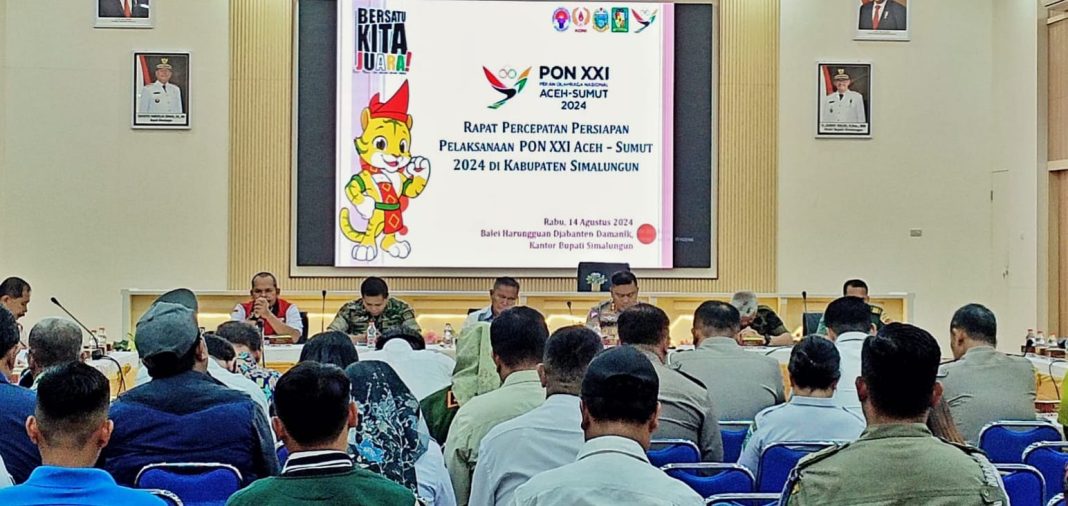 Pemkab Simalungun gelar rapat koordinasi percepatan persiapan pelaksanaan PON XXI, di Pamatangraya, Rabu (14/8/2024).