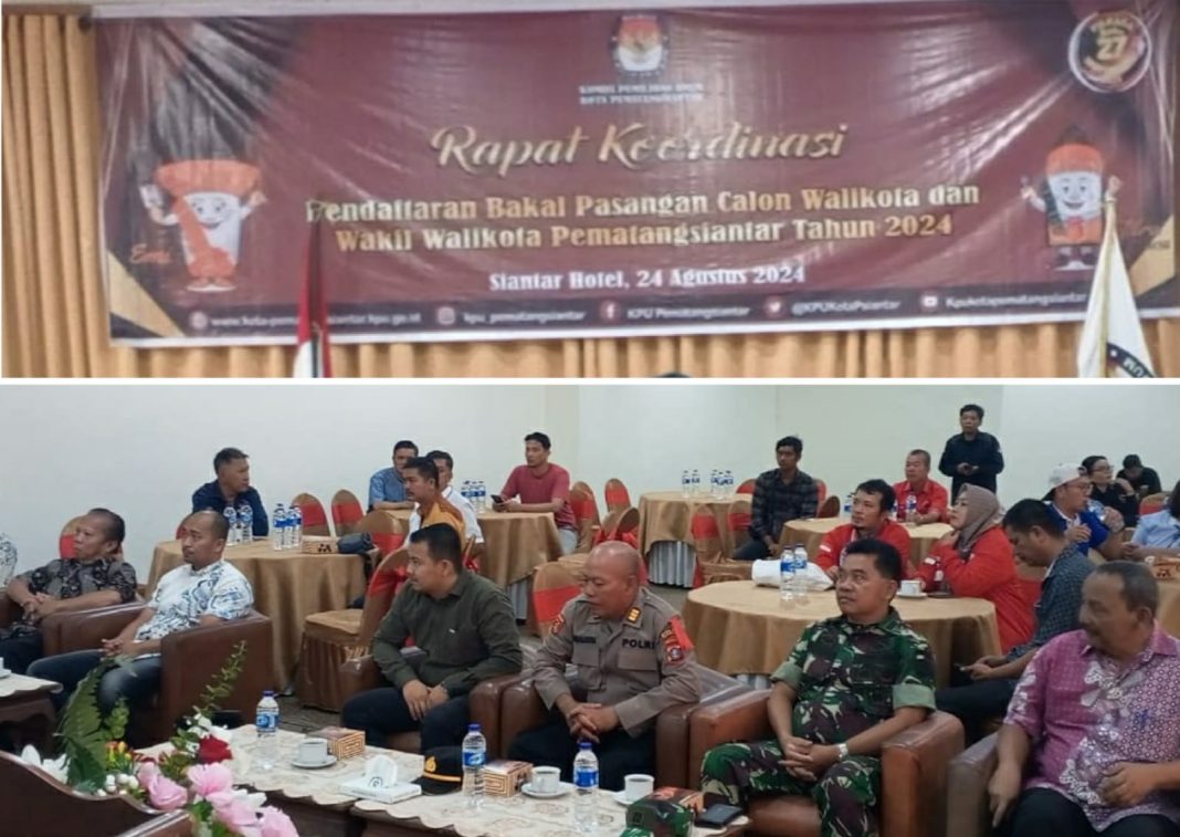 Kasubbag Dalmas Ops AKP BR Simanjuntak saat menghadiri rakor tahapan pendaftaran pasangan calon Wali Kota dan Wakil Wali Kota Pematangsiantar di Gedung Convention Hall Siantar Hotel Pematangsiantar, Sabtu (24/8/2024). (Dok/Polres Pematangsiantar)