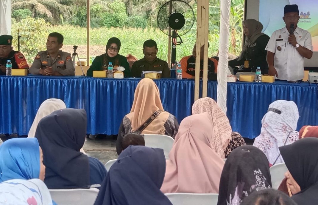 Polsek Hamparan Perak dan sejumlah pihak terkait saat sosialisasi pencegahan stunting di Desa Bulu Cina, Rabu (28/8/2024). (Dok/Polres Belawan)