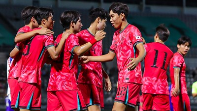 Pemain Korea Selatan U-20 selebrasi usai cetak gol di Seoul Earth On Us Cup 2024, Jumat (30/8/2024).