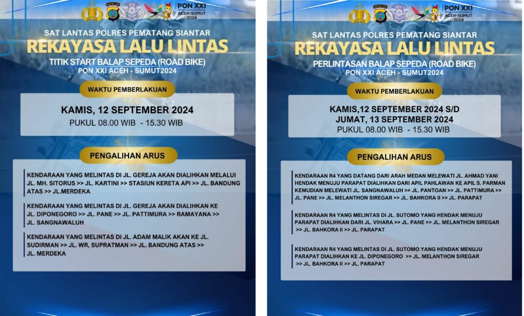 Inilah titik rekayasa lalulintas selama pelaksanaan PON balap sepeda selama dua hari mulai tanggal 12-13 September 2024 di wilayah Kota Pematangsiantar. (Dok/Polres Pematangsiantar)