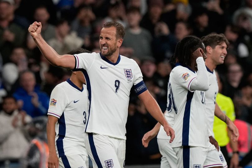 Selebrasi Harry Kane dalam laga UEFA Nations League antara Inggris vs Finlandia, Rabu (11/9/2024).