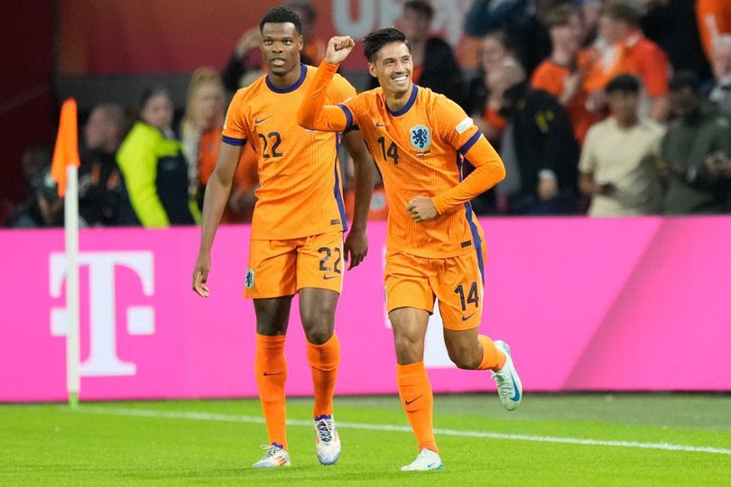 Selebrasi Tijjani Reijnders dalam laga UEFA Nations League antara Belanda vs Jerman, Rabu (11/9/2024).