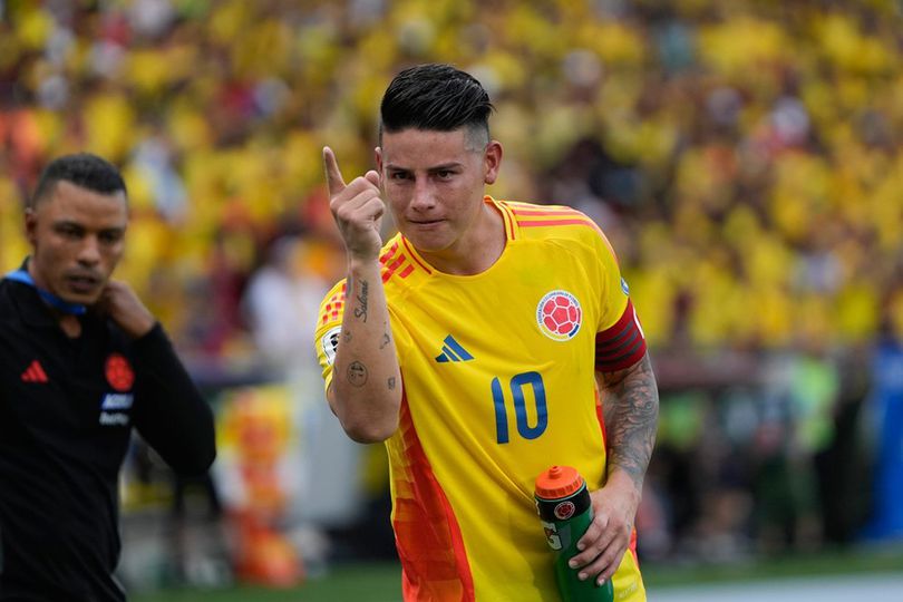 Selebrasi James Rodriguez dalam laga Kualifikasi Piala Dunia 2026 antara Kolombia vs Argentina, Rabu (11/9/2024).