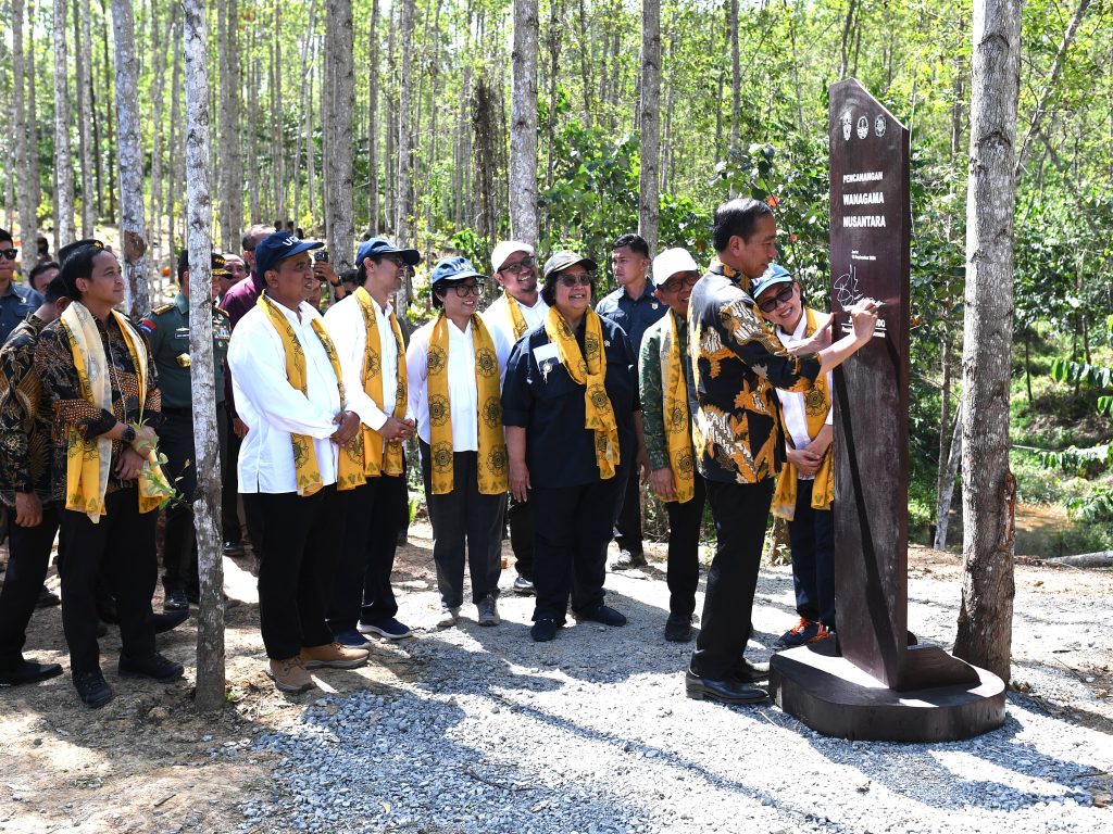 Presiden Jokowi melakukan peninjauan sekaligus pencanangan kawasan Wanagama Nusantara yang berada di Zona Rimba Kota B KIPP, IKN, Jumat (13/9/2024). (Dok/BPMI Setpres)