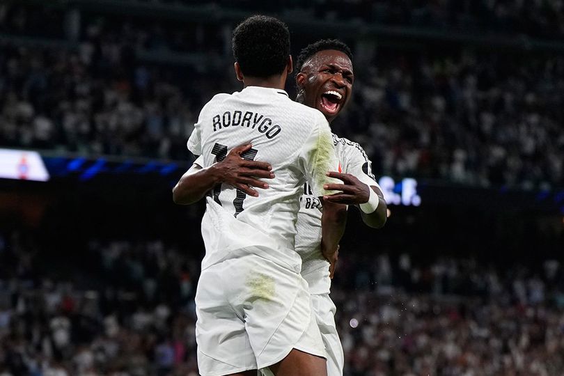 Momen selebrasi Vinicius Junior dan Rodrygo di laga Real Madrid vs Espanyol, La Liga 2024/2025, Minggu (22/9/2024).