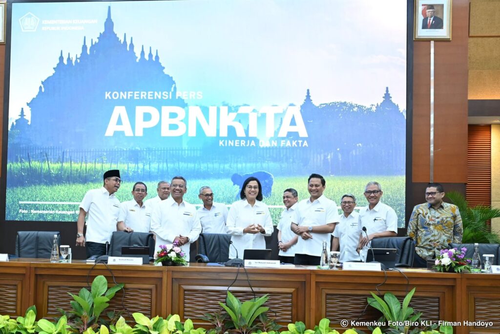 Menteri Keuangan (Menkeu) Sri Mulyani dalam Konferensi Pers APBN KiTa di Aula Mezzanine Kompleks Kementerian Keuangan Jakarta, Senin (23/9/2024). (Dok/Humas Kemenkeu)