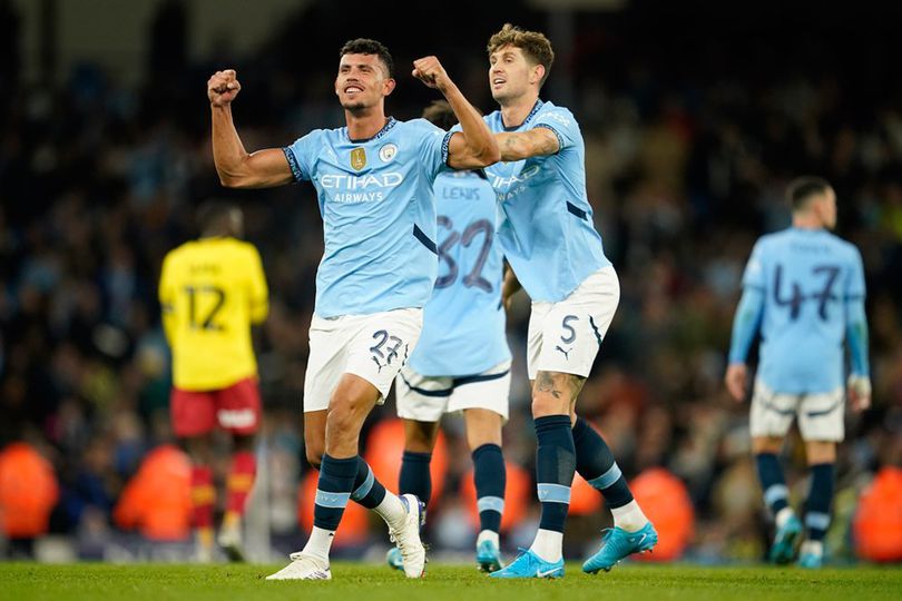 Selebrasi Matheus Nunes dalam laga Carabao Cup antara Manchester City vs Watford, Rabu (25/9/2024).