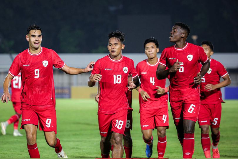 Skuad Timnas Indonesia U-20 merayakan gol Toni Firmansyah ke gawang Maladewa U-20, Rabu (25/9/2024)