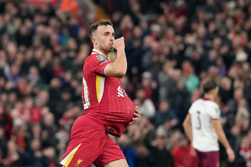 Selebrasi Diogo Jota dalam laga Carabao Cup antara Liverpool vs West Ham, Kamis (26/9/2024).