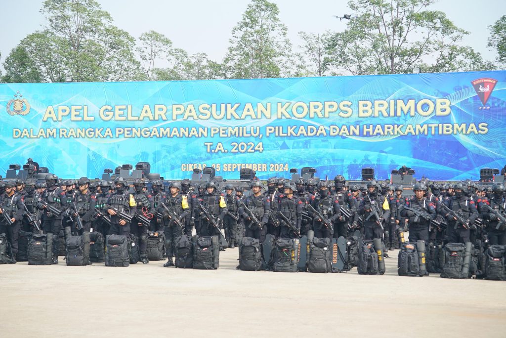 Korbrimob Polri Melaksanakan Apel Gelar Pasukan dalam rangka Pengamanan Pemilu, Pilkada dan Harkamtibmas di Lapangan Nagara Janottama Satuan Latihan Brimob Korbrimob Polri, Jakarta, Rabu (25/9/2024). (Dok/Humas Polri)