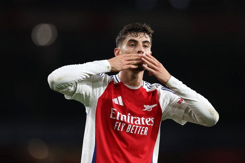 Selebrasi Kai Havertz dalam laga Liga Champions antara Arsenal vs PSG, Rabu (2/10/2024).