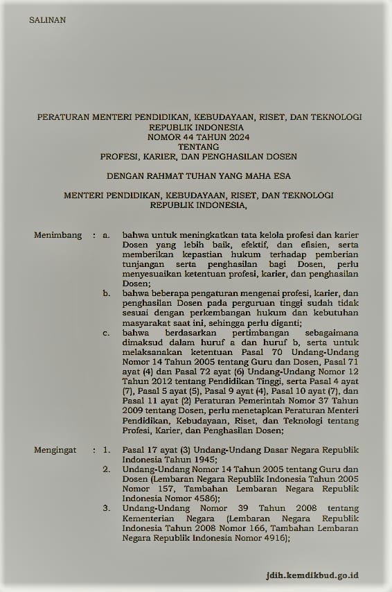 Kemendikbudristek menerbitkan Peraturan Menteri Pendidikan, Kebudayaan, Riset, dan Teknologi (Permendikbudristek) Nomor 44 Tahun 2024 Tentang Profesi, Karier, dan Penghasilan Dosen pada 10 September 2024. (Dok/Kemendikbudristek)