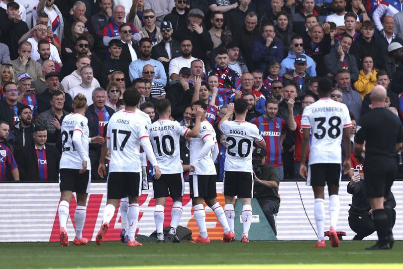 Selebrasi gol Diogo Jota pada laga Crystal Palace vs Liverpool di pekan ke-7 Premier League 2024/2025, Stadion Selhurst Park, Sabtu (5/10/2024).