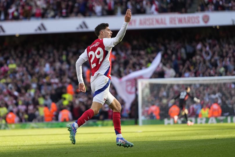 Selebrasi gol Kai Havertz pada laga Arsenal vs Southampton di pekan ke-7 Premier League 2024/2025, Sabtu (5/10/2024).