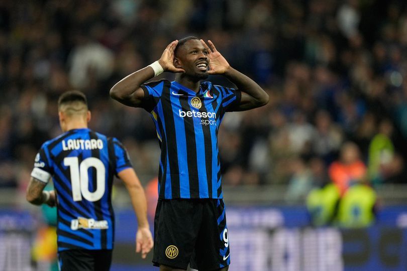 Selebrasi Marcus Thuram dalam laga Serie A antara Inter Milan vs Torino, Minggu (6/10/2024).