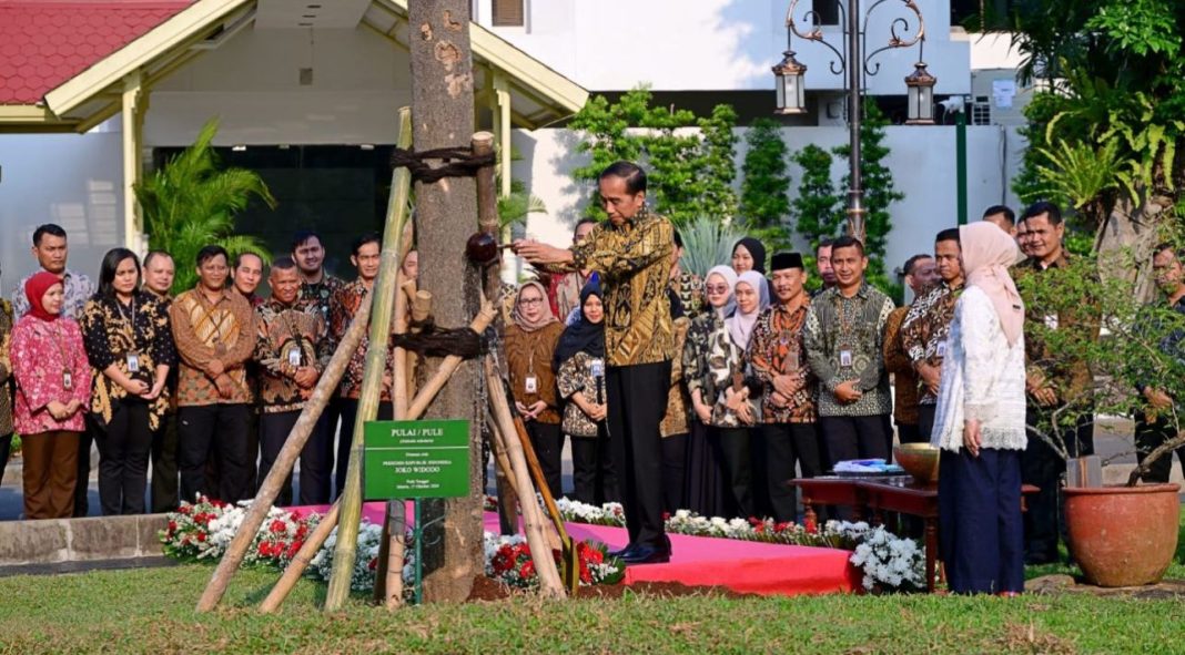 Presiden Joko Widodo dan Ibu Negara Iriana melaksanakan kegiatan penanaman pohon di halaman tengah Istana Kepresidenan Jakarta, Kamis (17/10/2024).