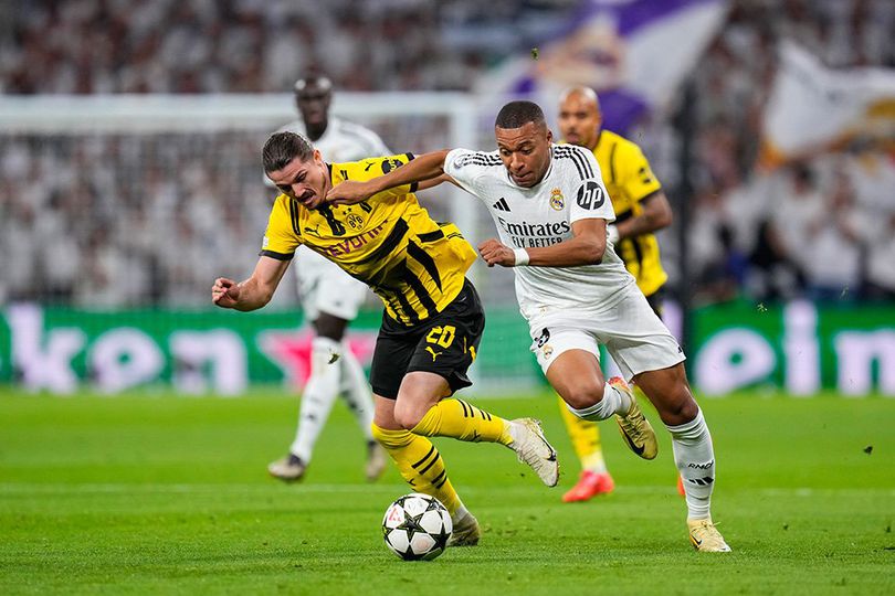 Aksi Kylian Mbappe di laga Real Madrid vs Borussia Dortmund, Liga Champions 2024/2025, Rabu (23/10/2024).