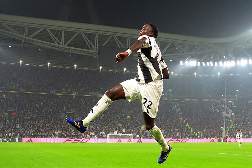 Momen selebrasi Timothy Weah usai cetak gol di laga Juventus vs Torino, Serie A 2024/2025, Minggu (10/11/2024).