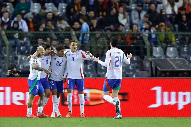 Selebrasi Sandro Tonali dkk dalam laga UEFA Nations League antara Belgia vs Italia, Jumat (15/11/2024).