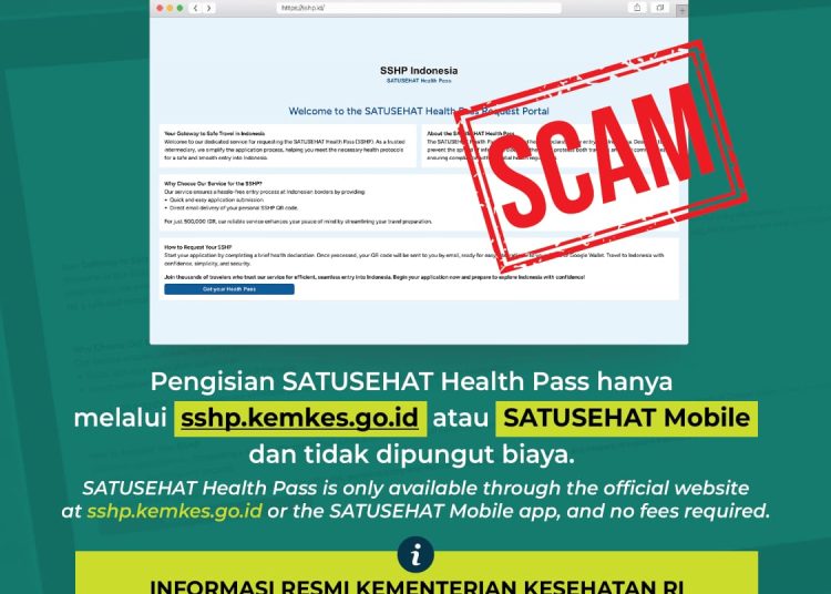 Situs palsu yang mengatasnamakan SATUSEHAT Health Pass (SSHP). (Dok/Kemenkes)