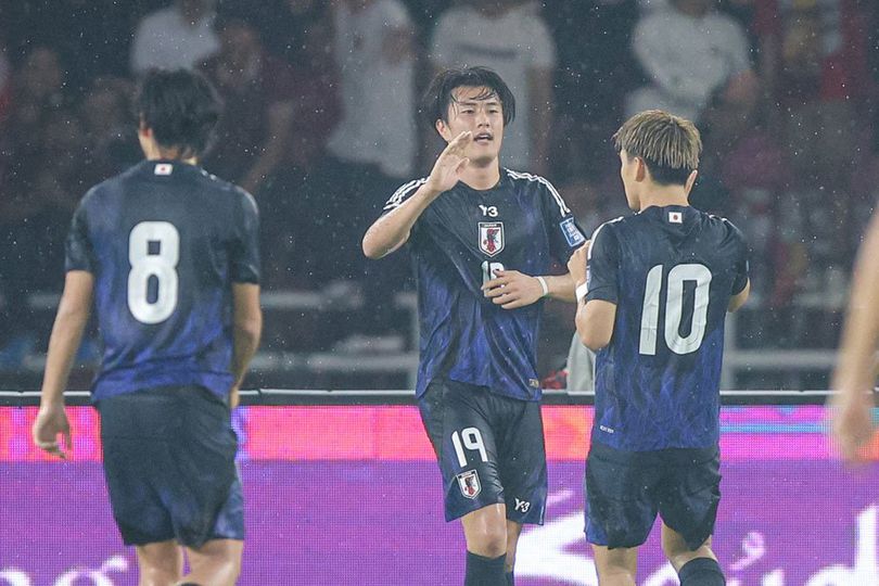 Timnas Jepang merayakan gol ke gawang Timnas Indonesia, Jumat (15/11/2024).