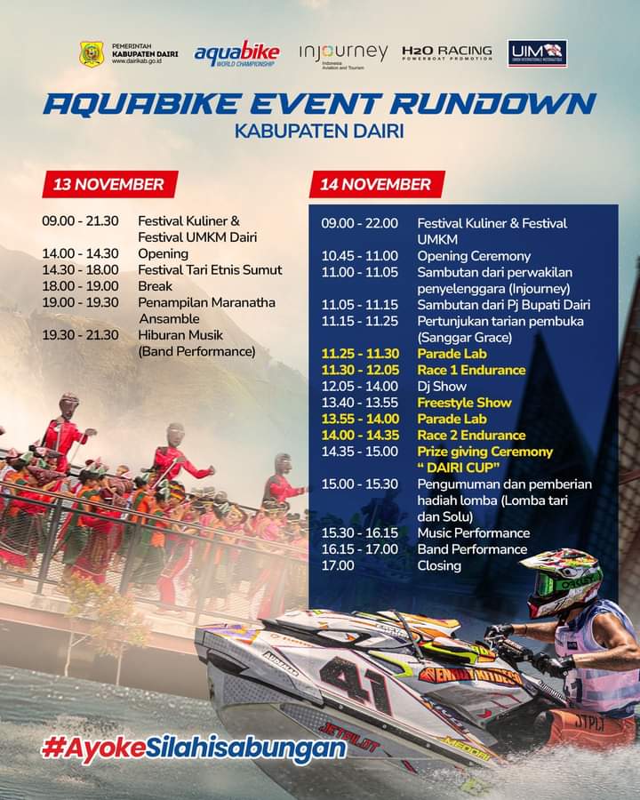 Jadwal dan rangkaian acara Aquabike Jetski Disparbudpora Dairi Rabu-Kamis (13-14/11/2024) di Silalahi. (Dok/Pemkab Dairi)