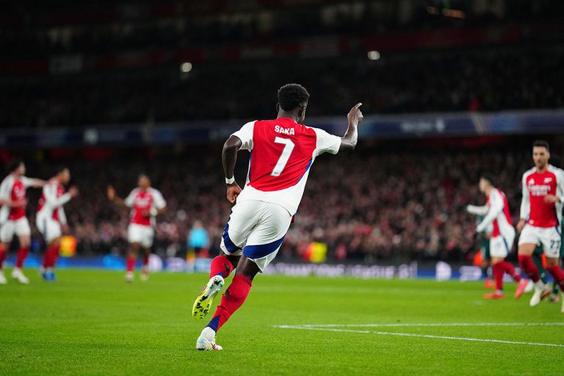 Momen selebrasi gol Bukayo Saka di laga Arsenal vs AS Monaco, Liga Champions 2024/2025, Kamis (12/12/2024).