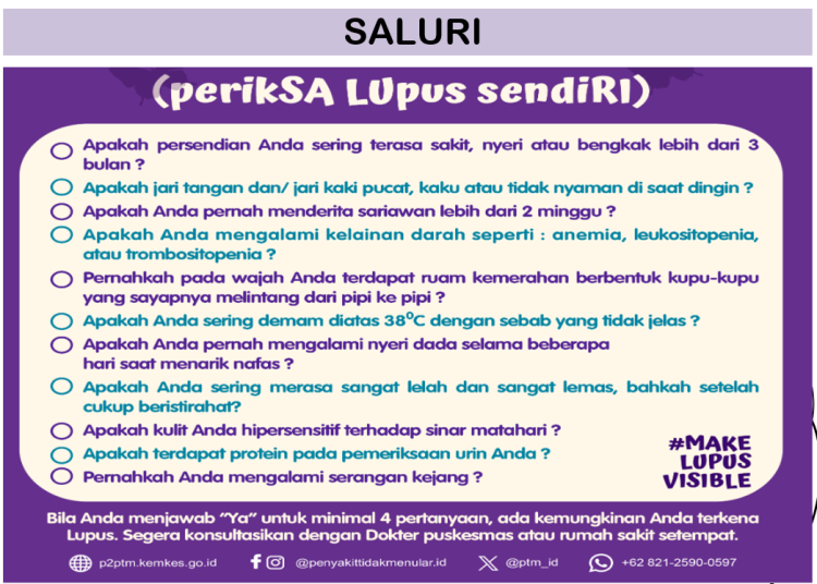 Kemenkes memperkenalkan program SALURI untuk meningkatkan kesadaran masyarakat tentang lupus dan pentingnya pemeriksaan dini. (Dok/Kemenkes)