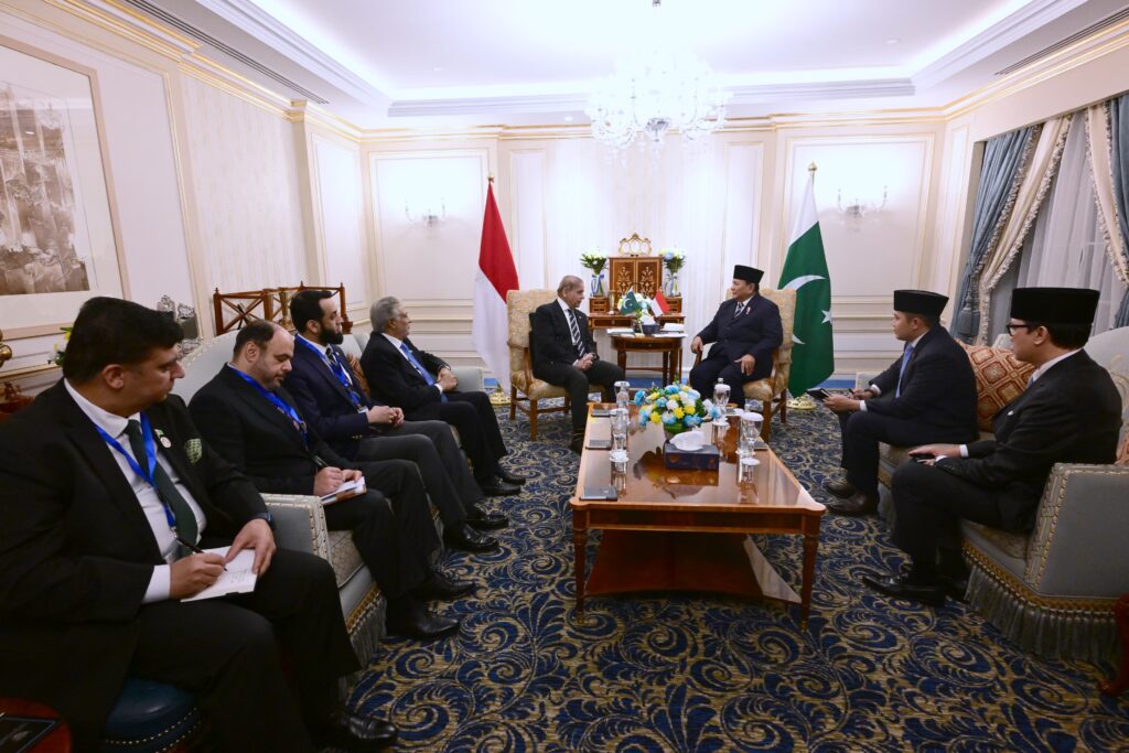 Presiden Prabowo Subianto melakukan pertemuan bilateral dengan Perdana Menteri (PM) Pakistan Shehbaz Sharif di Hotel St Regis New Capital, Kairo, Mesir, pada Rabu (18/12/2024). (Dok/BPMI Setpres)