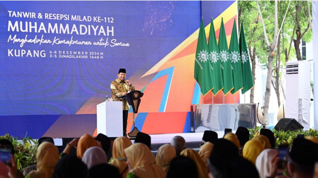 Presiden Prabowo Subianto dalam sambutannya pada Sidang Tanwir dan Resepsi Milad ke-112 Muhammadiyah yang digelar di Universitas Muhammadiyah Kupang, Provinsi Nusa Tenggara Timur (NTT), Rabu (04/12/2024).