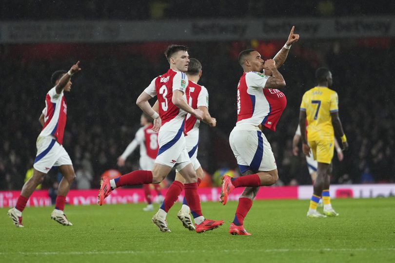 Penyerang Arsenal Gabriel Jesus merayakan golnya di laga lawan Crystal Palace, Kamis (19/12/2024).