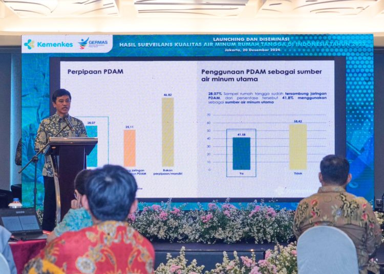 Wakil Menteri Kesehatan Prof Dante Saksono Harbuwono menyampaikan hasil Surveilans Kualitas Air Minum Rumah Tangga (SKMRT) Tahun 2023 dalam acara peluncuran di Jakarta, Jumat (20/12/2024). (Dok/Kemenkes)