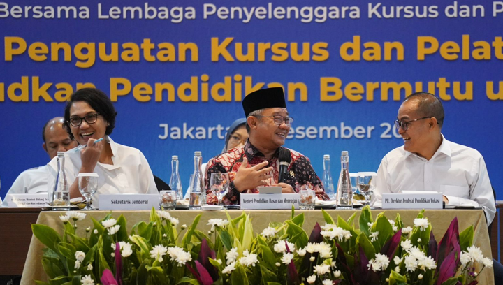 Kementerian Pendidikan Dasar dan Menengah (Kemendikdasmen) meningkatkan kemitraan dengan Lembaga Penyelenggara Kursus dan Pelatihan (LKP) melalui diskusi bertajuk Penguatan Kursus dan Pelatihan Mewujudkan Pendidikan Bermutu untuk Semua di Jakarta, Senin (9/12/2024). (Dok/Kemendikdasmen)