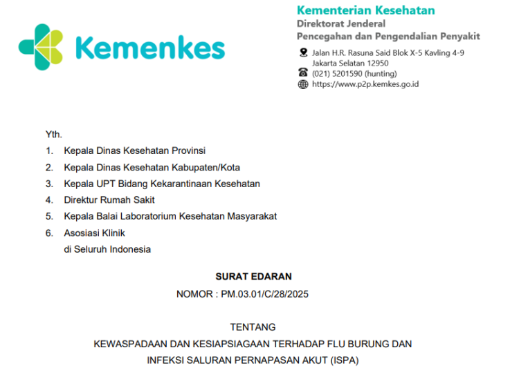 Surat Edaran Kementerian Kesehatan Nomor PM.03.01/C/28/2025 yang mengatur langkah-langkah kewaspadaan dan kesiapsiagaan terhadap flu burung di Indonesia. (Dok/Kemenkes)