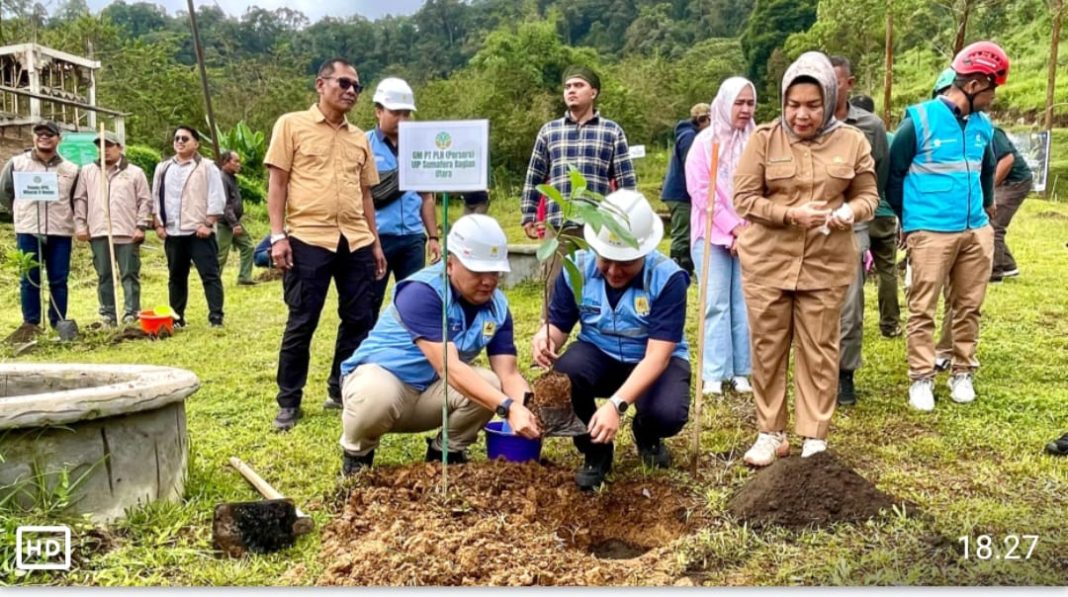 GM PT PLN UIP SBU diwakili Senior Manager Perizinan, Pertanahan dan Komunikasi PLN UIP Sumbagut, Alfredo Pakpahan dan Asman Perizinan PLN UIP Sumbagut Yobel Sitompul menanam pohon serentak di Lau Kawar Desa Kuta Gugung, Kecamatan Naman Teran, Kabupaten Karo, Provinsi Sumatera Utara, Selasa (14/1/2025). (Dok/PLN)