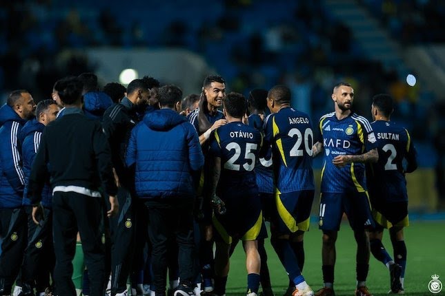 Selebrasi Cristiano Ronaldo dkk. dalam laga Liga Arab Saudi antara Al Khaleej vs Al Nassr, Selasa (21/1/2025).