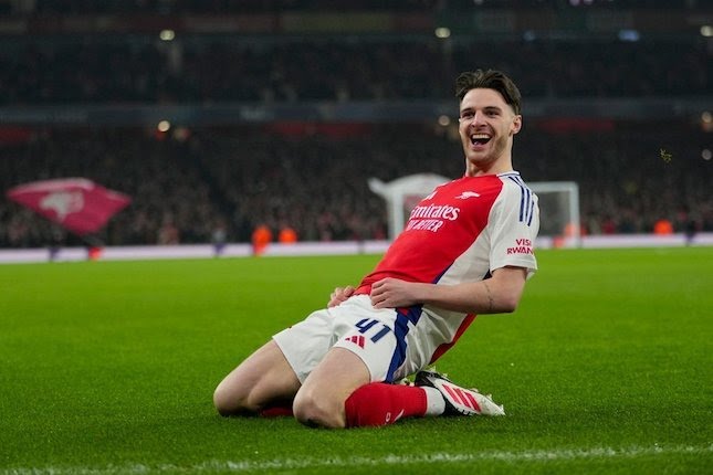 Selebrasi Declan Rice dalam laga Liga Champions antara Arsenal vs Dinamo Zagreb, Kamis (23/1/2025).