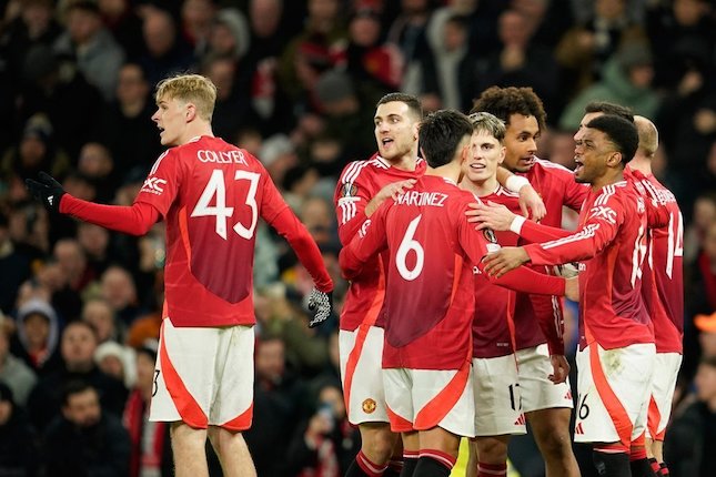 Selebrasi skuad Manchester United dalam laga Liga Europa versus Rangers, Jumat (24/1/2025).