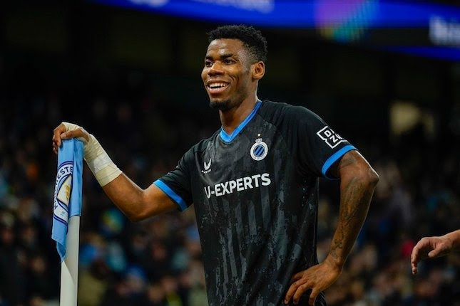 Selebrasi Raphael Onyedika dalam laga Liga Champions antara Manchester City vs Club Brugge, Kamis (30/1/2025).