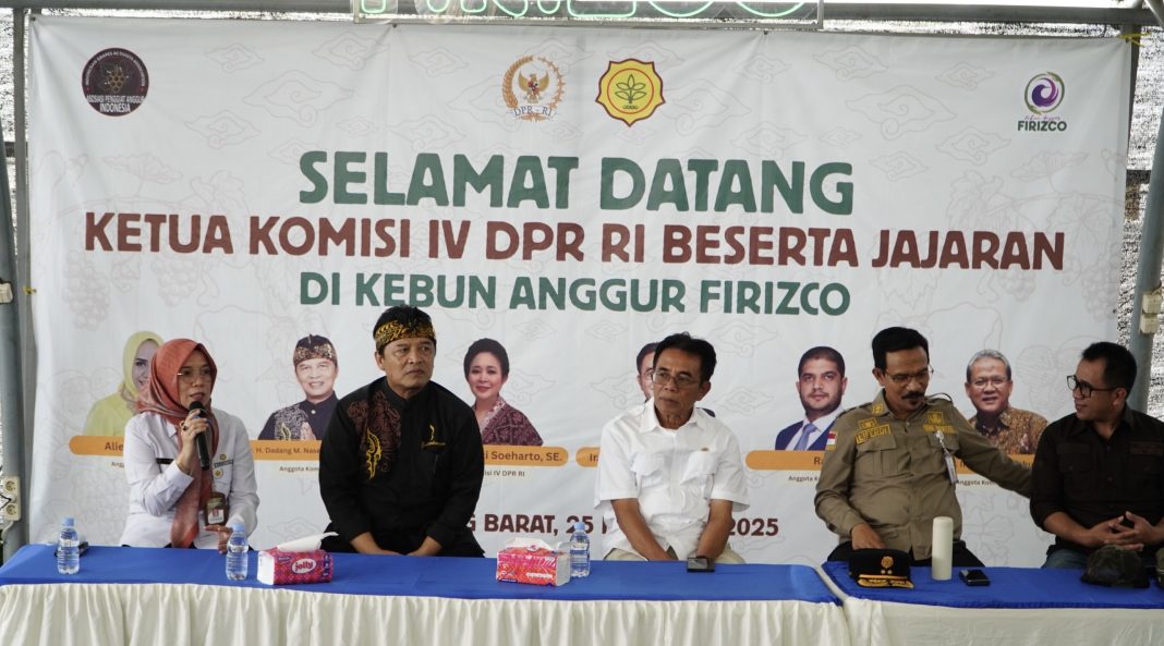 Wakil Ketua Komisi IV DPR RI, Panggah Susanto (tengah berbaju putih), menghadiri diskusi dengan Kementerian Pertanian dan pemangku kepentingan di Kebun Anggur Firizco, Kabupaten Bandung Barat, Selasa (25/2/2025). (Dok/Humas PKH)