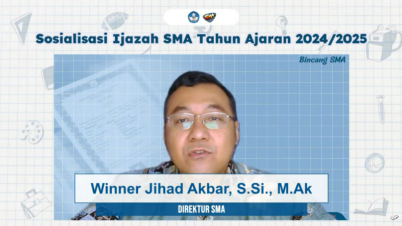 Direktur SMA, Winner Jihad Akbar, saat menjelaskan penerapan ijazah elektronik dalam Sosialisasi Ijazah SMA Tahun Ajaran 2024/2025 yang disiarkan melalui YouTube Direktorat SMA. (Dok/Kemendikdasmen)