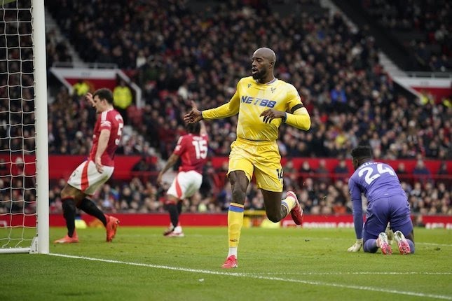 Selebrasi penyerang Crystal Palace, Jean-Philippe Mateta, di laga lawan Manchester United, Minggu (2/2/2025).