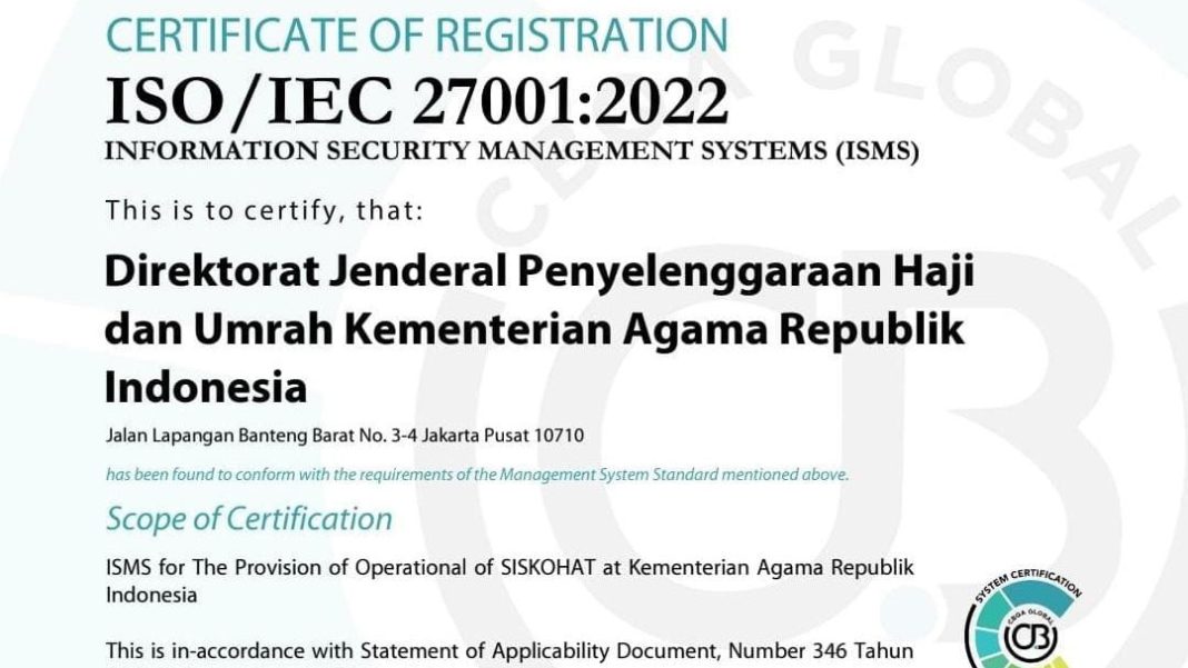 Sertifikat ISO 27001 resmi diterbitkan untuk Siskohat.