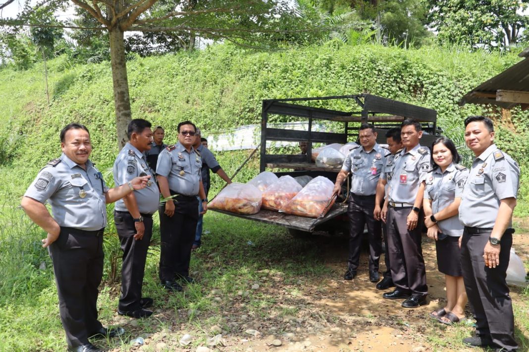 Petugas Lapas Kelas IIA Pancurbatu berfoto bersama hasil panen raya ikan mas seberat 500 kg di lahan SAE Lapas Pancurbatu, Senin (10/02/2025).