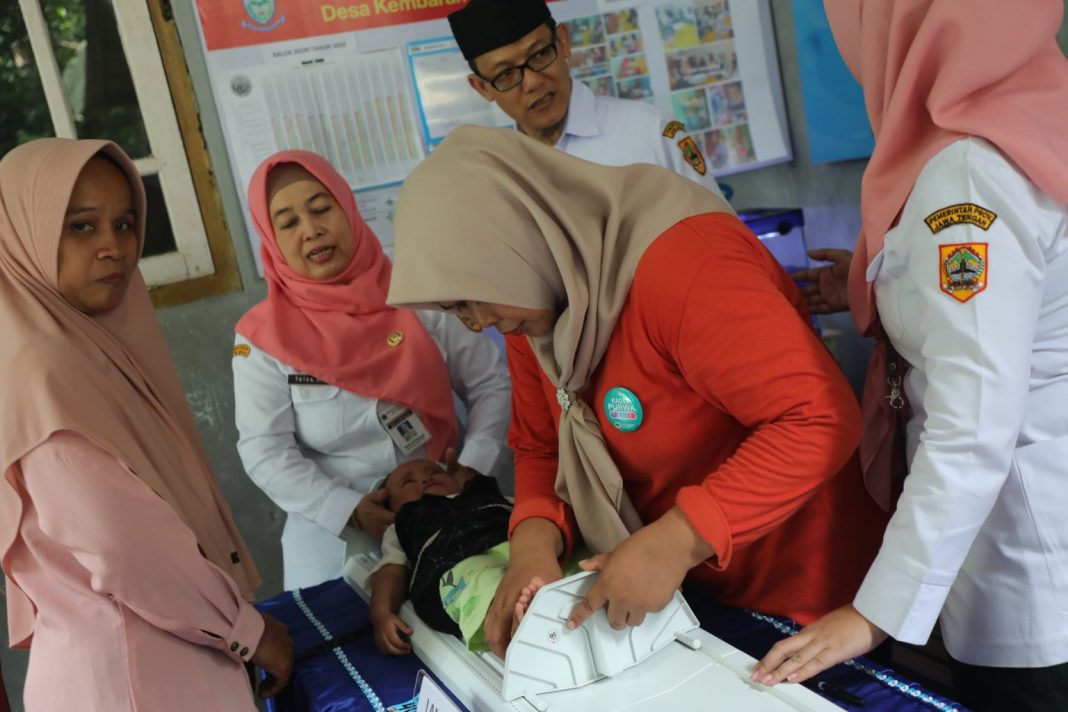 Seorang petugas Posyandu di Desa Kembaran Wetan, Kecamatan Kaligondang, Kabupaten Purbalingga, mengukur tinggi badan balita dalam kegiatan pemeriksaan kesehatan untuk pencegahan stunting, Rabu (12/2/2025).