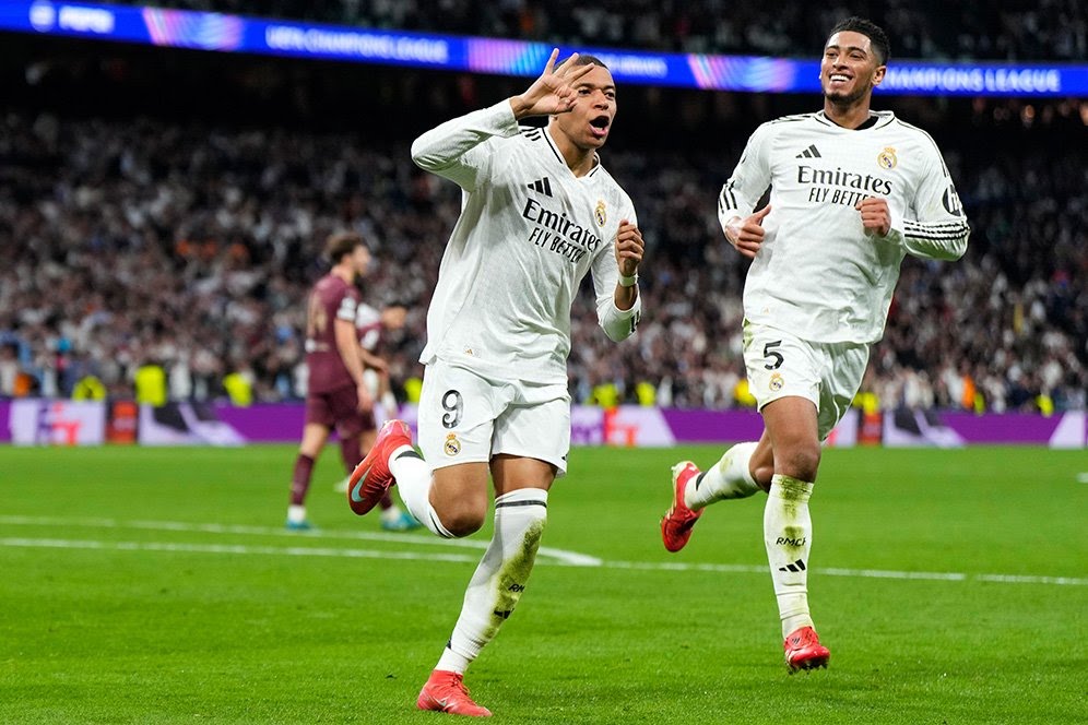 Momen selebrasi gol Kylian Mbappe di laga Real Madrid vs Manchester City, Liga Champions 2024/2025.