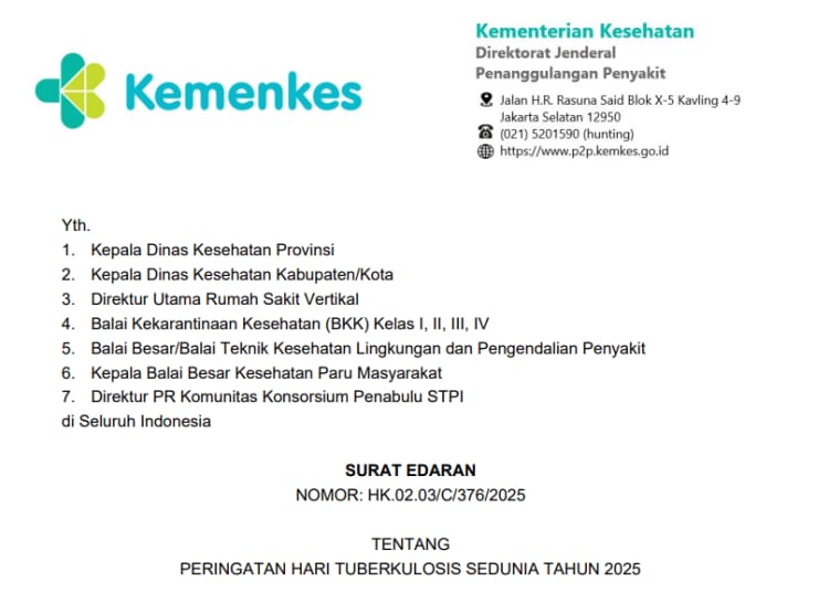 Surat Edaran Nomor HK.02.03/C/376/2025 dari Kementerian Kesehatan tentang Peringatan Hari Tuberkulosis Sedunia Tahun 2025. (Dok/Kemenkes)