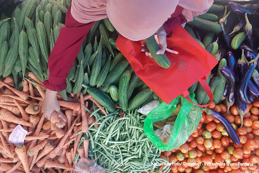 Seorang warga memilih sayuran di pasar tradisional sebagai bagian dari upaya memenuhi kebutuhan pangan sehari-hari. (Dok/Kemenkeu)